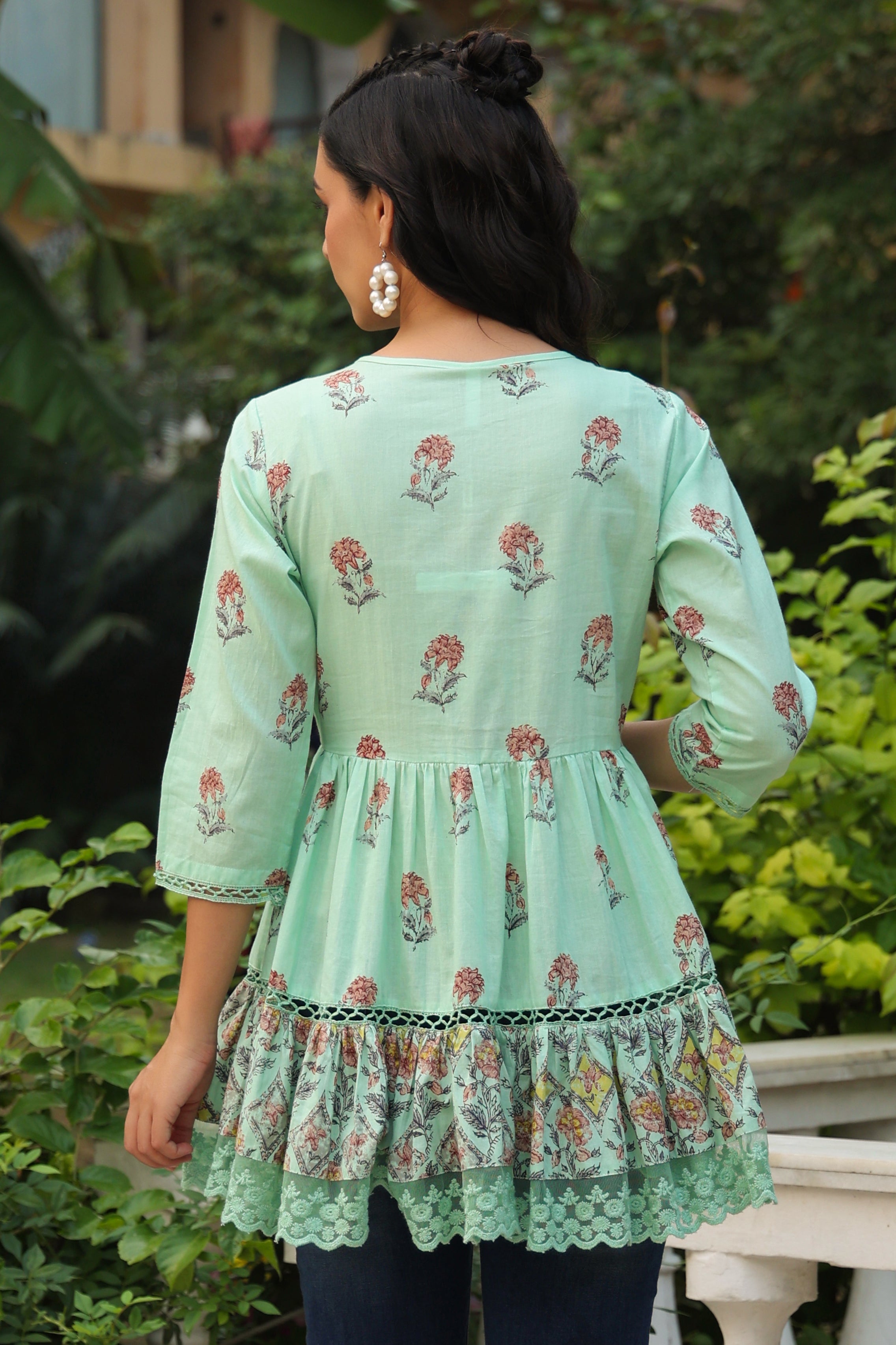 Juniper Pista Green Floral Printed Pure Cotton Peplum Tunic With Lace | Grocsy