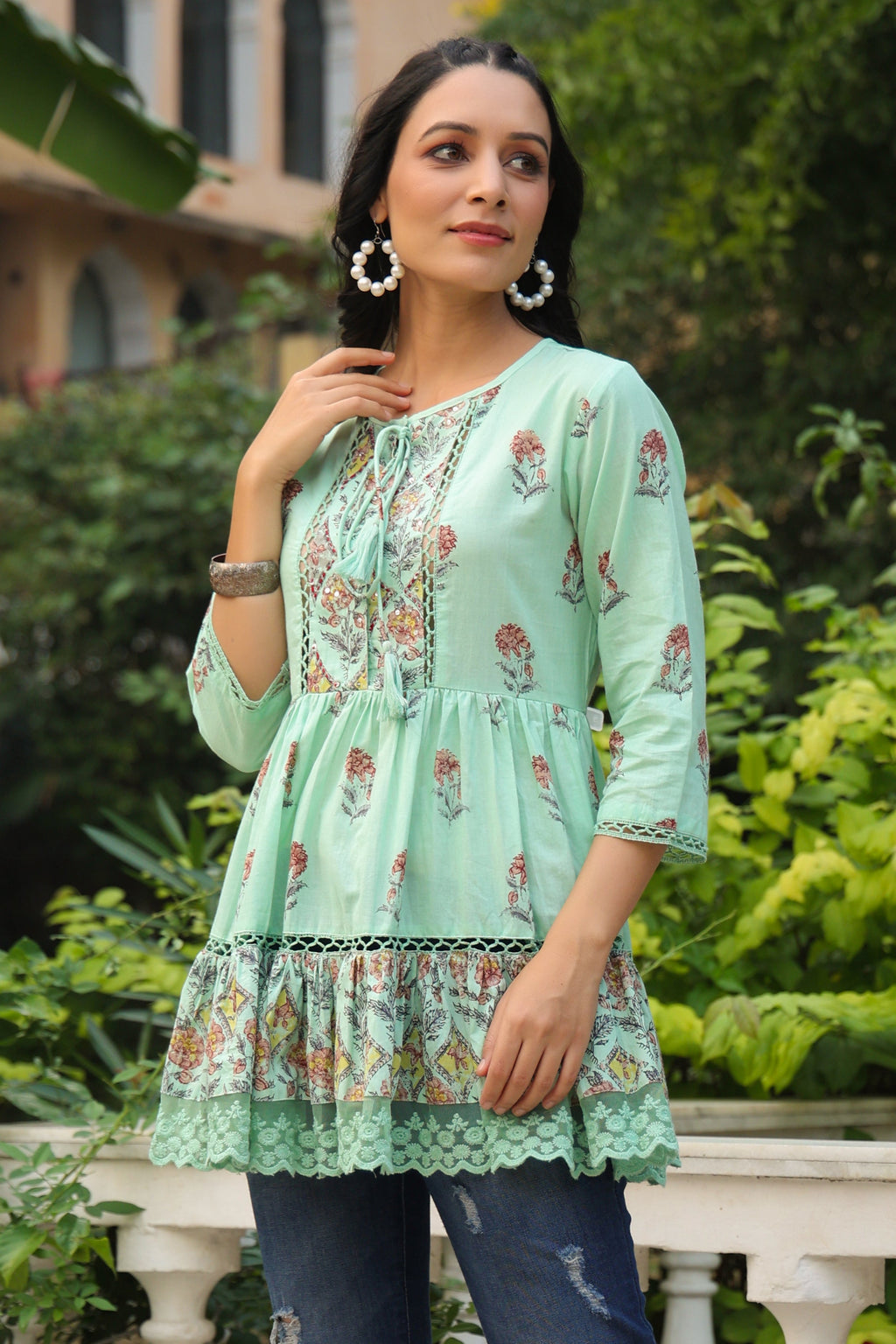 Juniper Pista Green Floral Printed Pure Cotton Peplum Tunic With Lace | Grocsy