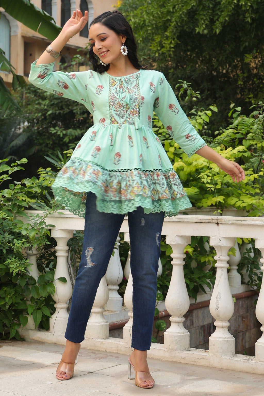 Juniper Pista Green Floral Printed Pure Cotton Peplum Tunic With Lace | Grocsy