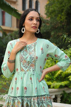 Juniper Pista Green Floral Printed Pure Cotton Peplum Tunic With Lace | Grocsy