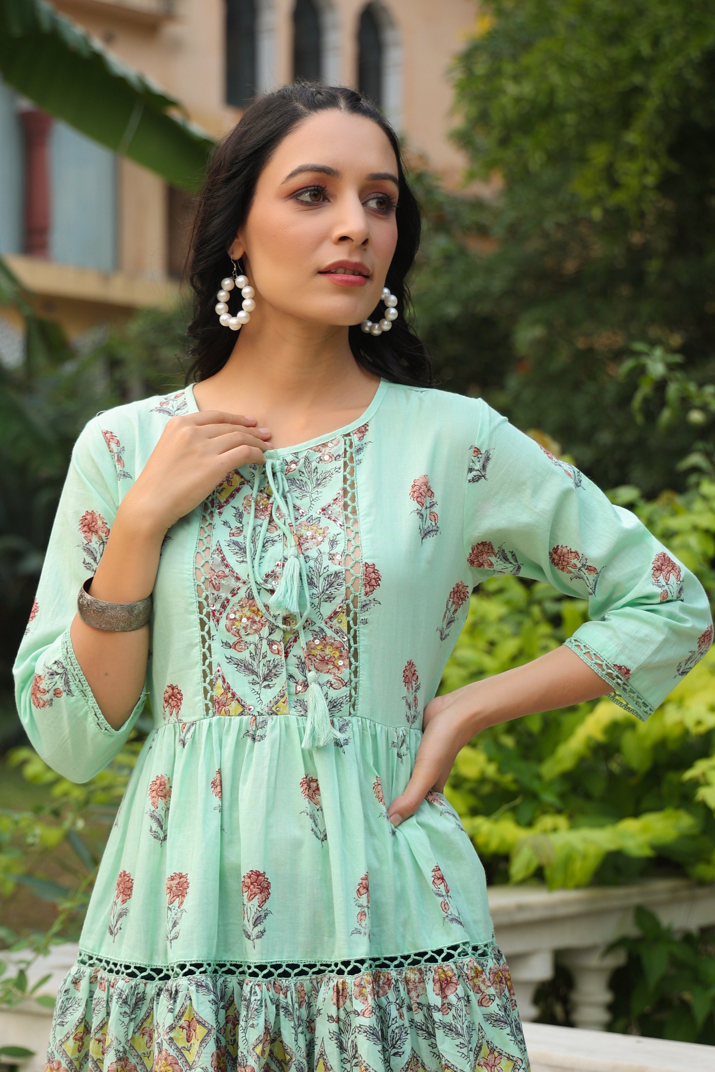 Juniper Pista Green Floral Printed Pure Cotton Peplum Tunic With Lace | Grocsy