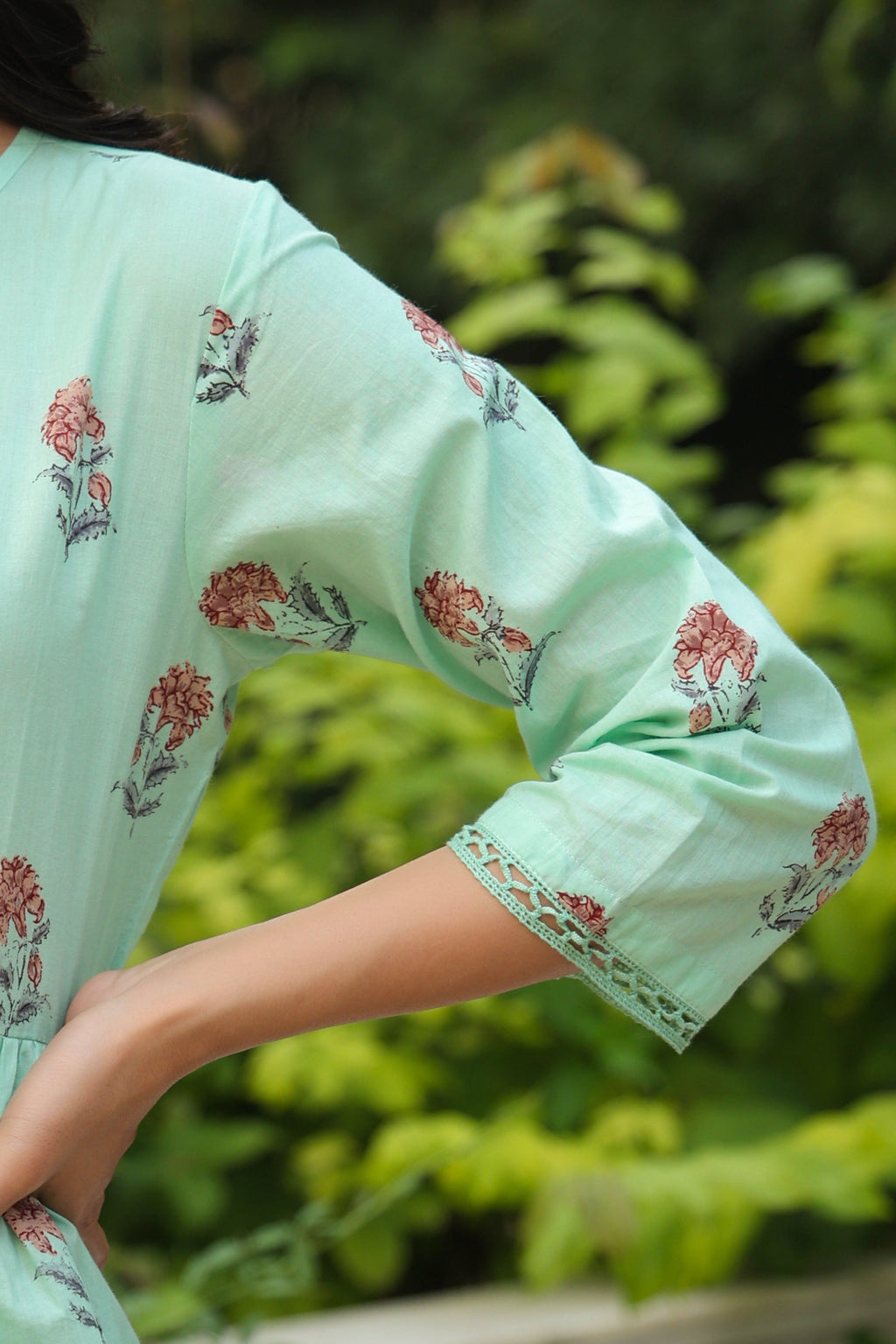 Juniper Pista Green Floral Printed Pure Cotton Peplum Tunic With Lace | Grocsy