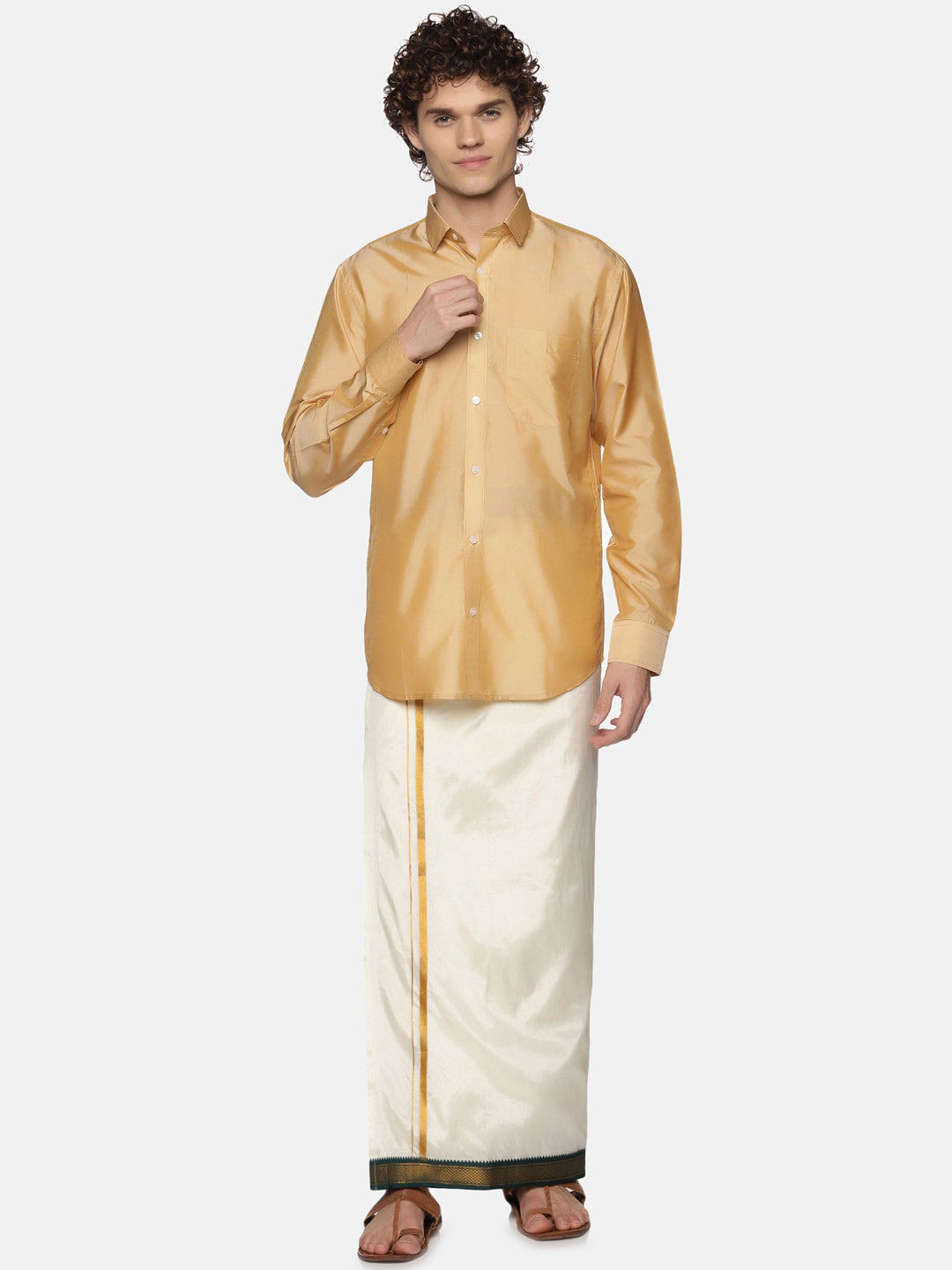 Sethukrishna Men Cream Solid Double Layer Readymade Veshti With Pocket | Grocsy