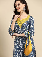 Sangria Women Navy Blue Ethnic Motifs Embroidered Detail Cotton Kurta with Trousers | Grocsy