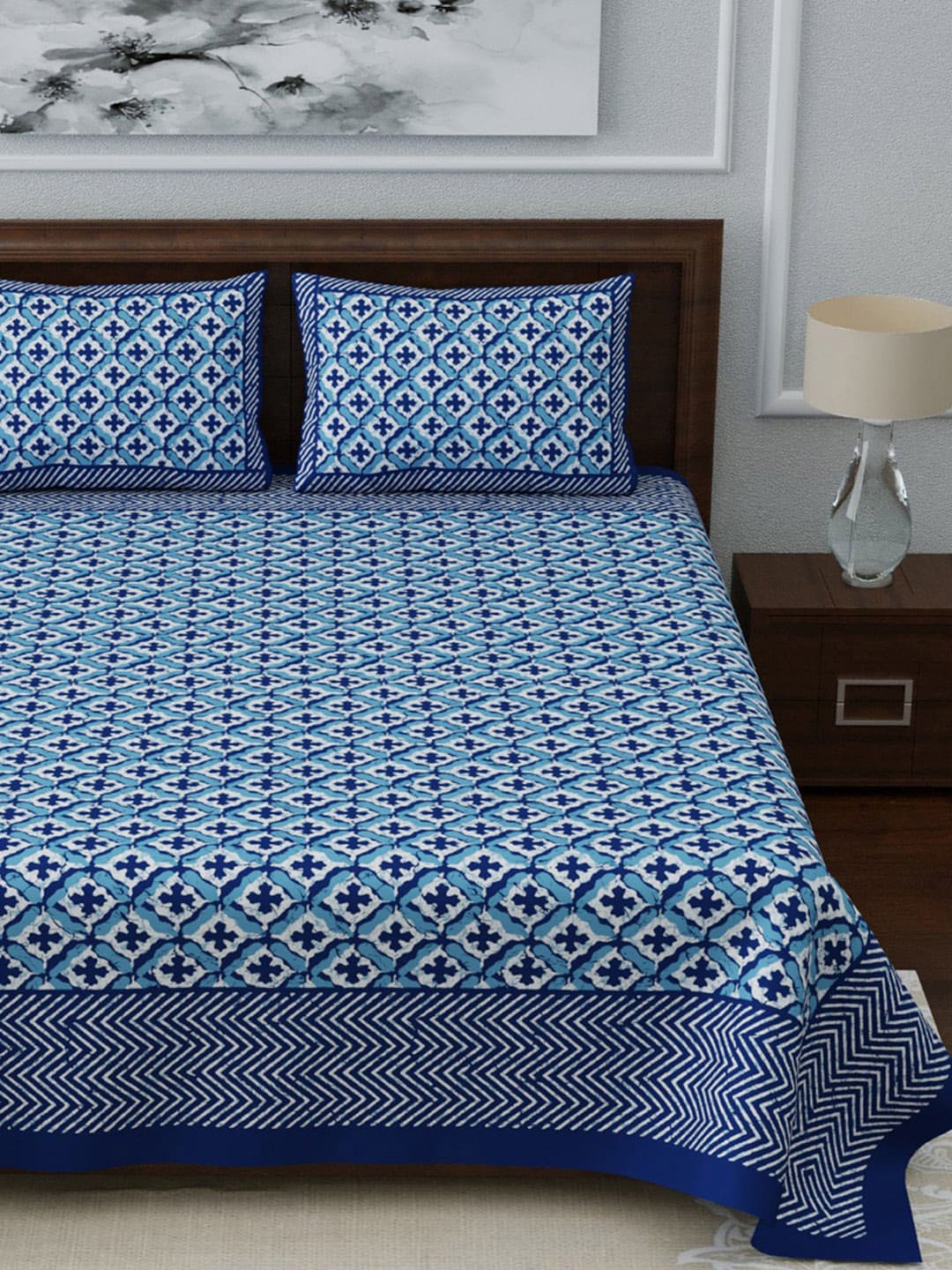 LIVING ROOTS Blue & White Ethnic Motifs 210 TC King Bedsheet With 2 Pillow Covers | Grocsy