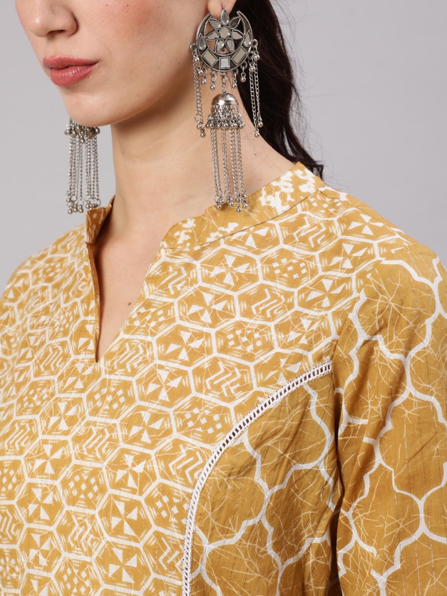 Aks Geometric Printed Mandarin Collar Cotton A-Line Kurta | Grocsy