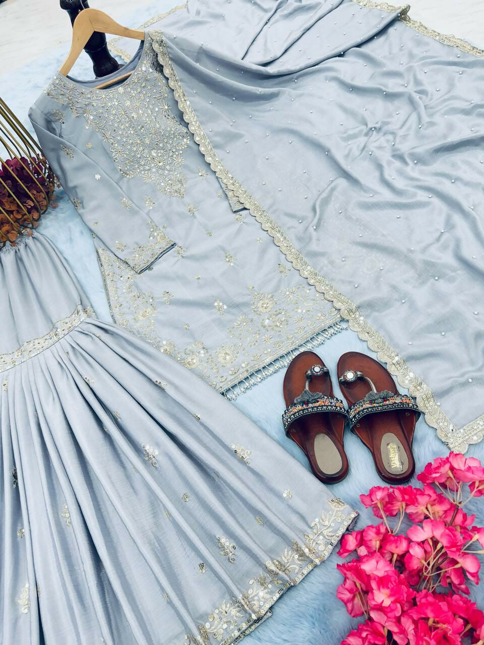 Teeya Creation Grey Color Chinnon Silk Embroidery Work Wedding Wear Salwar Suit | Grocsy
