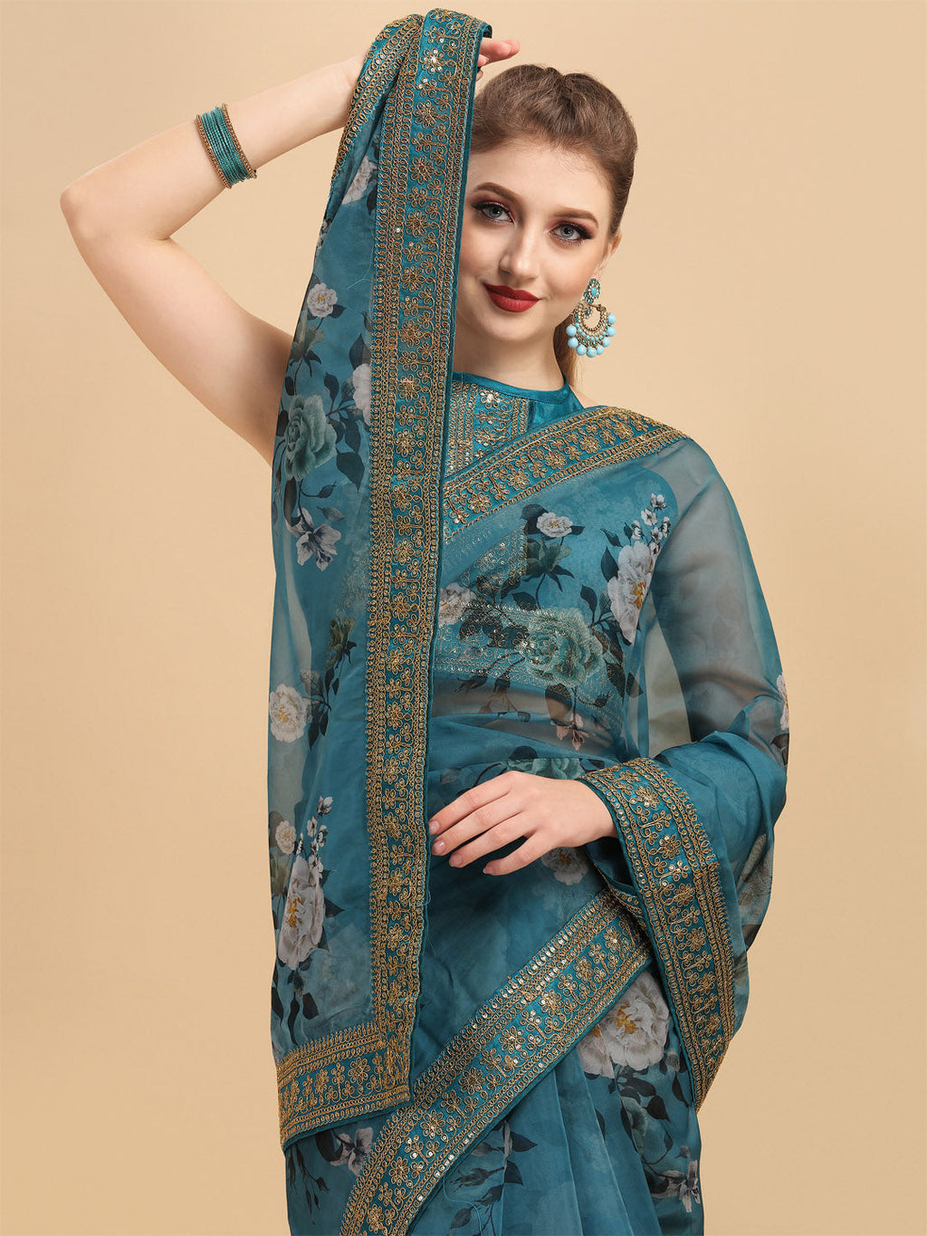 Sangria Teal & White Floral Embroidered Organza Saree | Grocsy