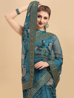 Sangria Teal & White Floral Embroidered Organza Saree | Grocsy