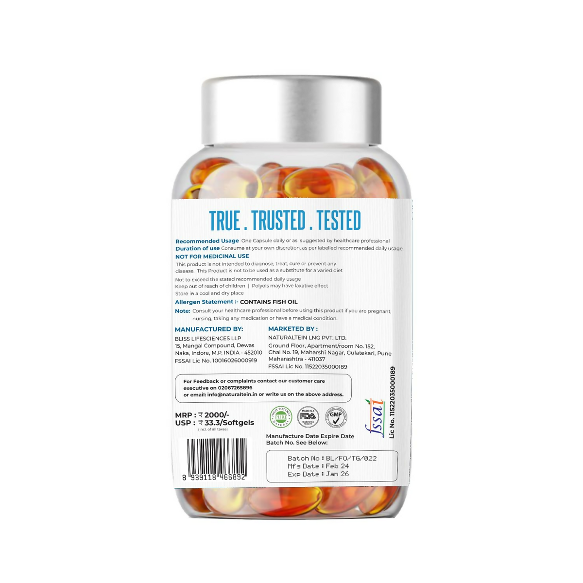 Naturaltein Omega-3 Fish Oil 1250mg Triple Strength Softgels