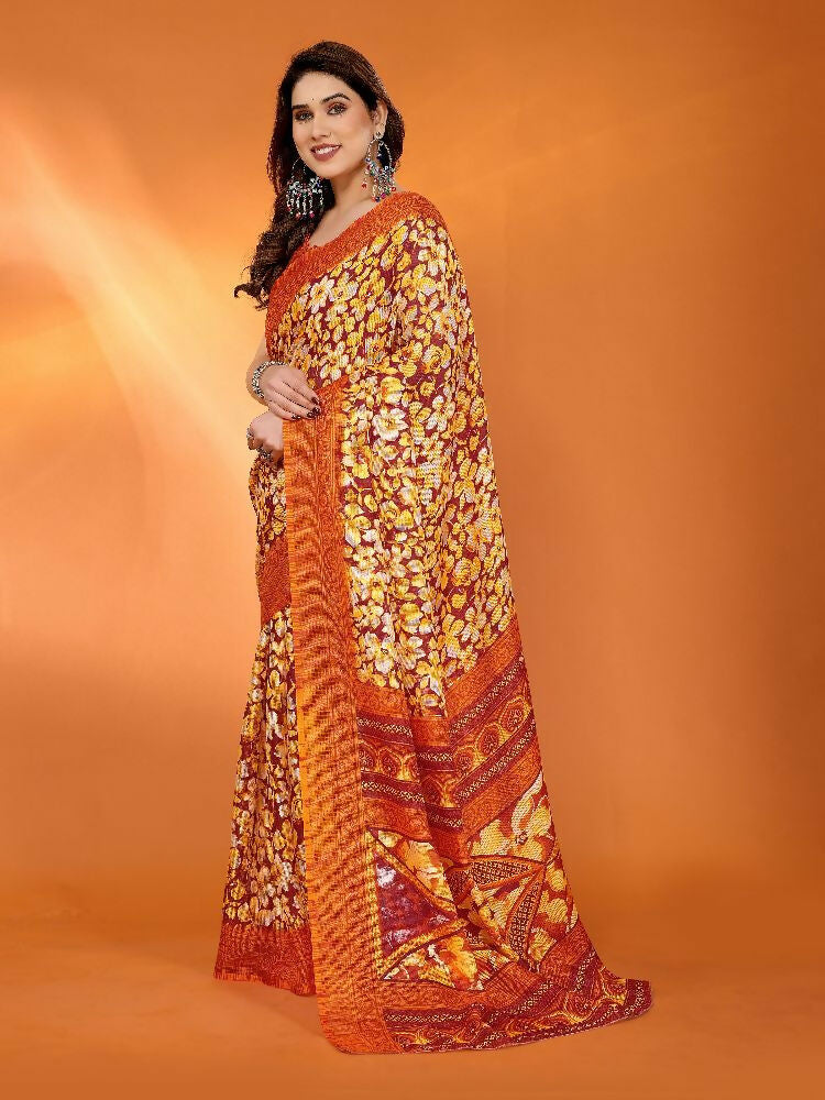 PR Fashion Orange Kota Doria Printed Saree | Grocsy