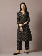 Myshka Women's Black Printed Cotton Straight Party Kurta Set | Grocsy