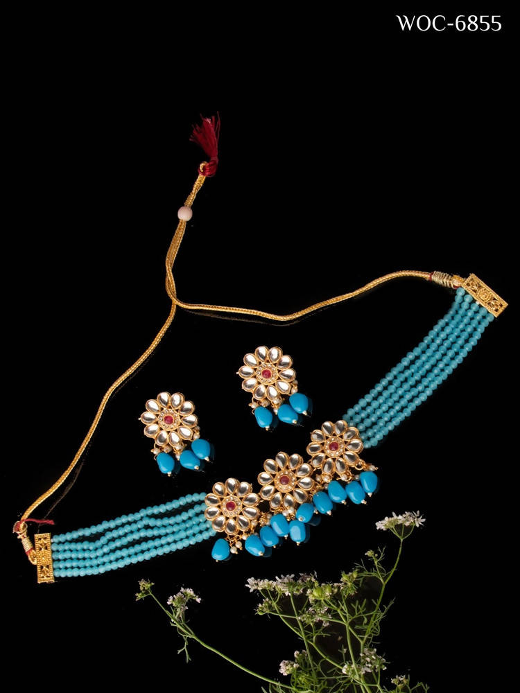 Mominos Fashion Johar Kamal Women's Sky Blue Beads Pearls Gold-Polished Jewellery Set | Grocsy