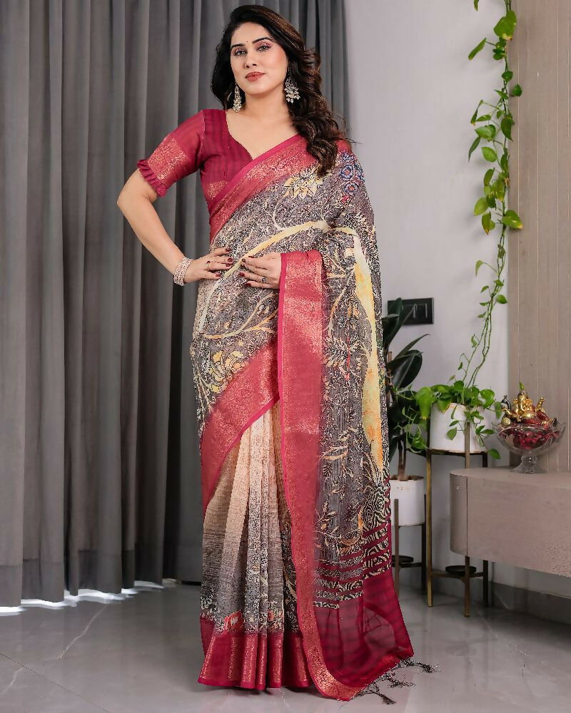 PR Fashion Wine Pure Handloom Linen Saree | Grocsy