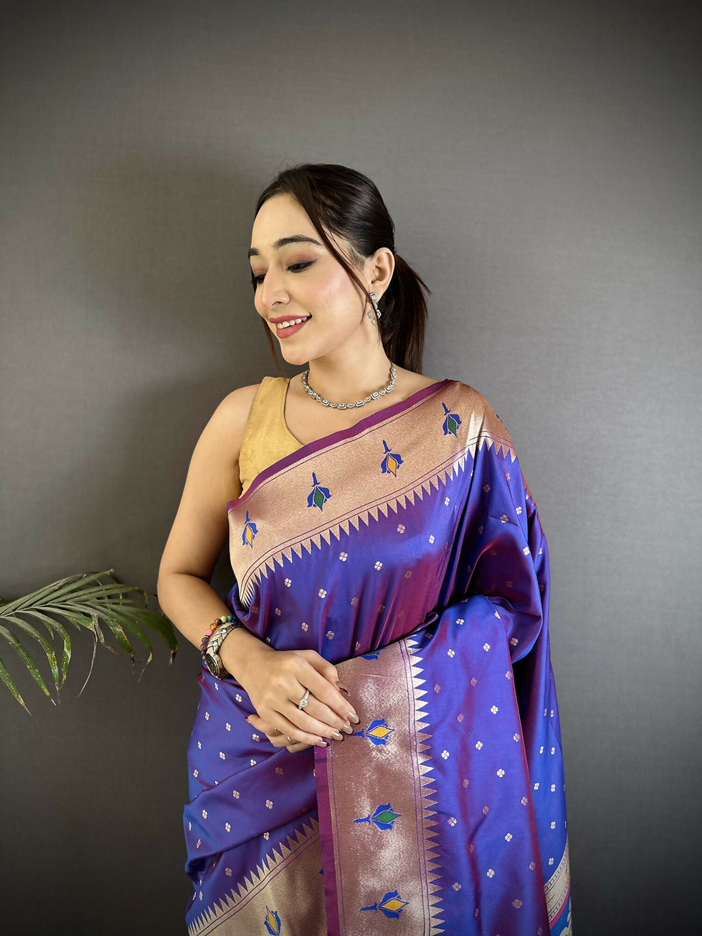 Joban Fashion Purple Peacock & Floral Motifs Soft Lichi Silk Kanchipuram Saree | Grocsy