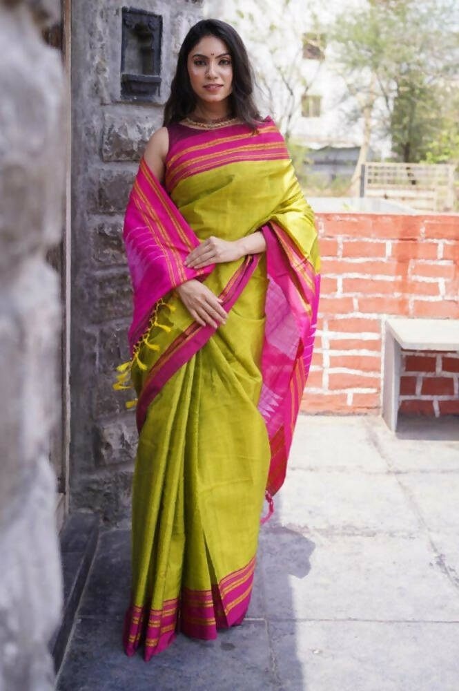 Very Much Indian Handloom Cotton Viscose Ilkal Saree - Bright Green | Grocsy