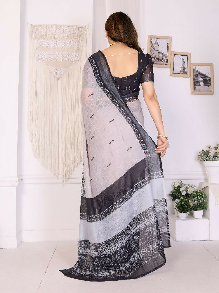 PR Fashion Black Handloom Linen Cotton Zari Saree | Grocsy