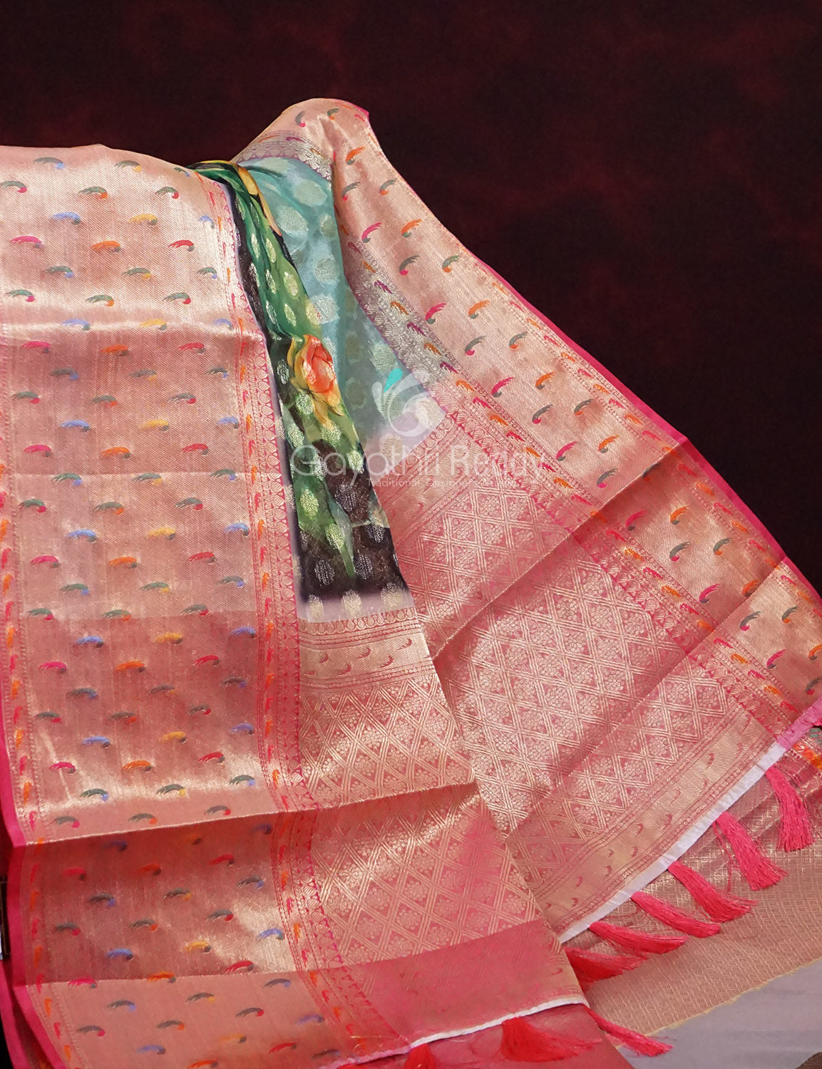 Green and Pink Banaras Border Floral Design Banarasi Semi Silk Saree By Gayathri Reddy Designer Studio | Grocsy