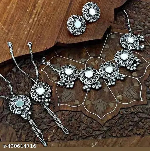 Tehzeeb Creations Women's Silver Plated Oxidised Necklace Set With Bracelet | Grocsy