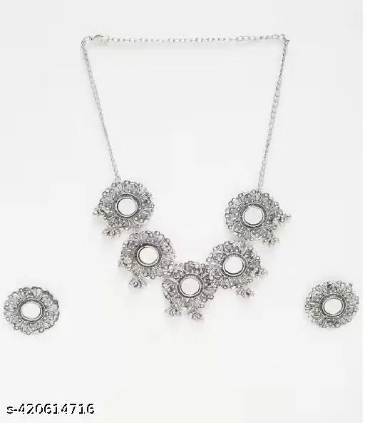 Tehzeeb Creations Women's Silver Plated Oxidised Necklace Set With Bracelet | Grocsy