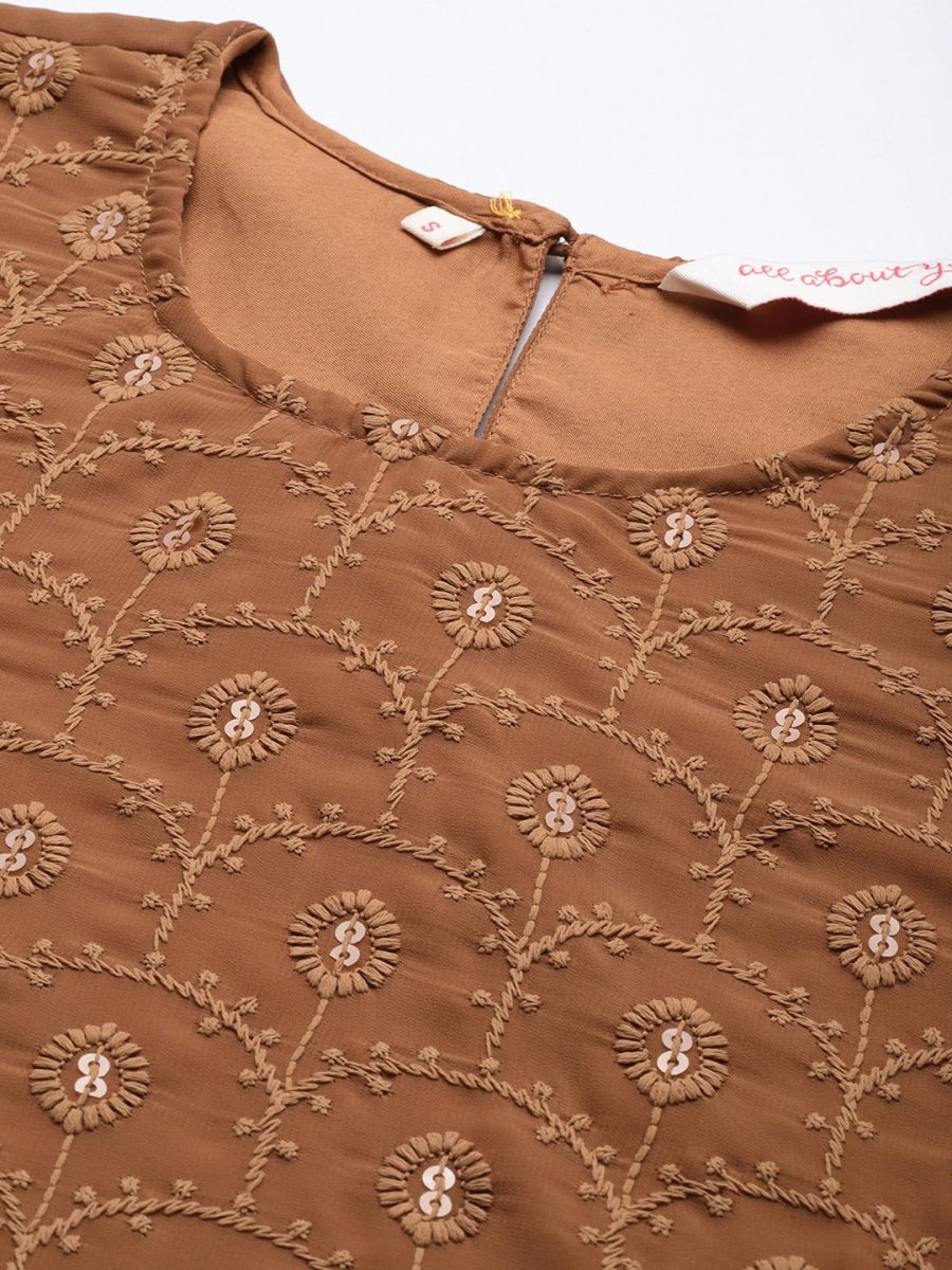 All About You Women Brown Ethnic Motifs Embroidered Chikankari Kurta with Palazzos | Grocsy
