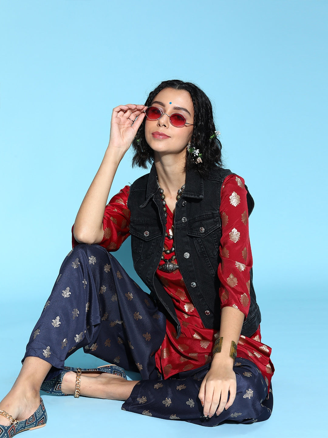 Sangria Ethnic Motifs Polyester Kurta Set | Grocsy