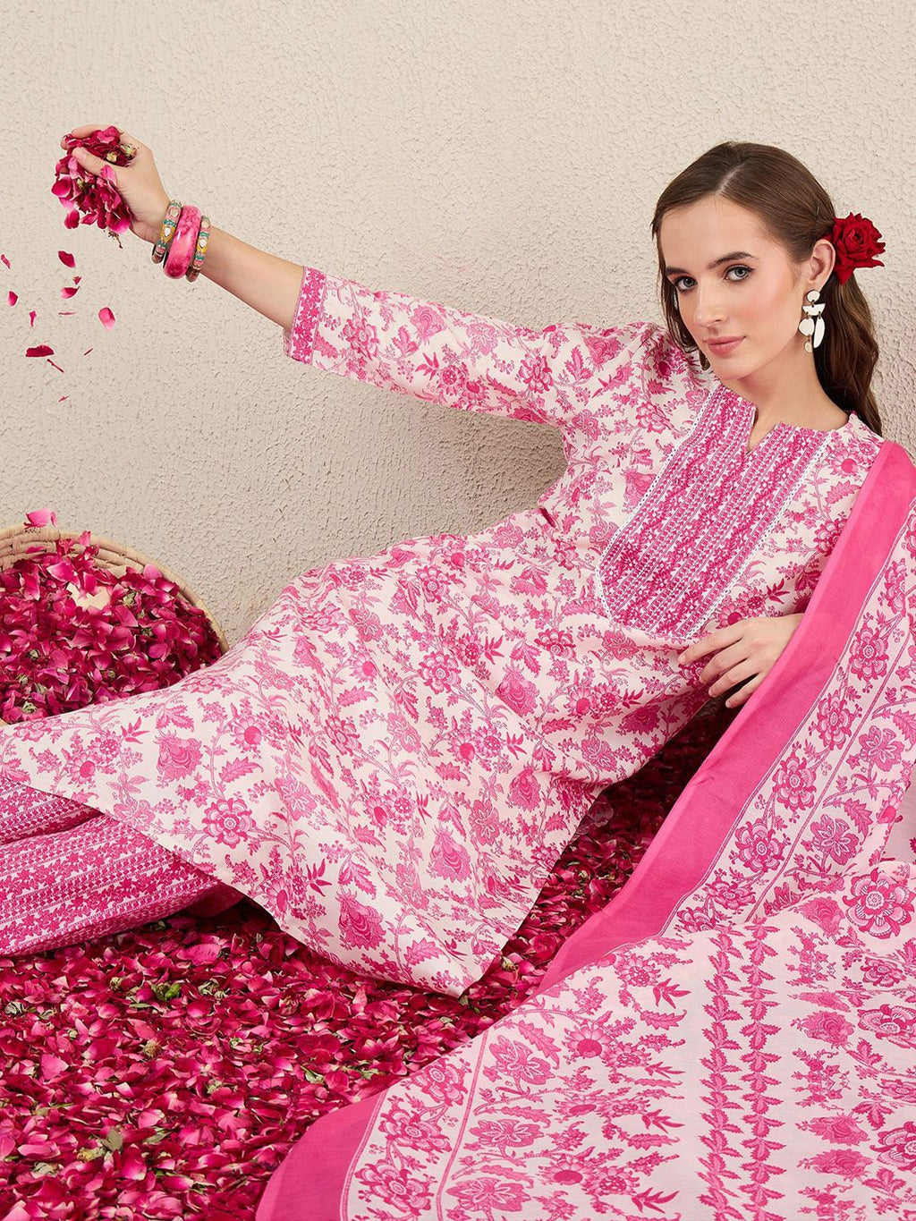 Indo Era Women Floral Printed Kurta with Trousers & Dupatta | Grocsy