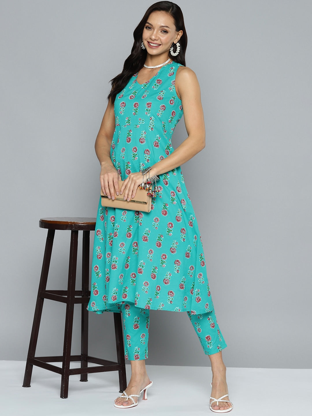 HERE&NOW Floral Printed Pure Cotton Kurta with Trousers | Grocsy