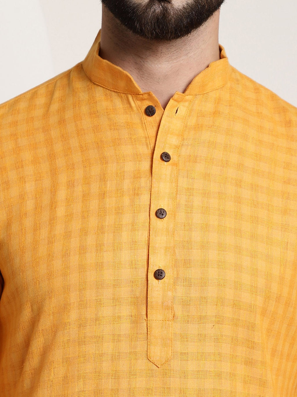 Sojanya Men Mustard Yellow Dobby Self-Checked Straight Kurta | Grocsy
