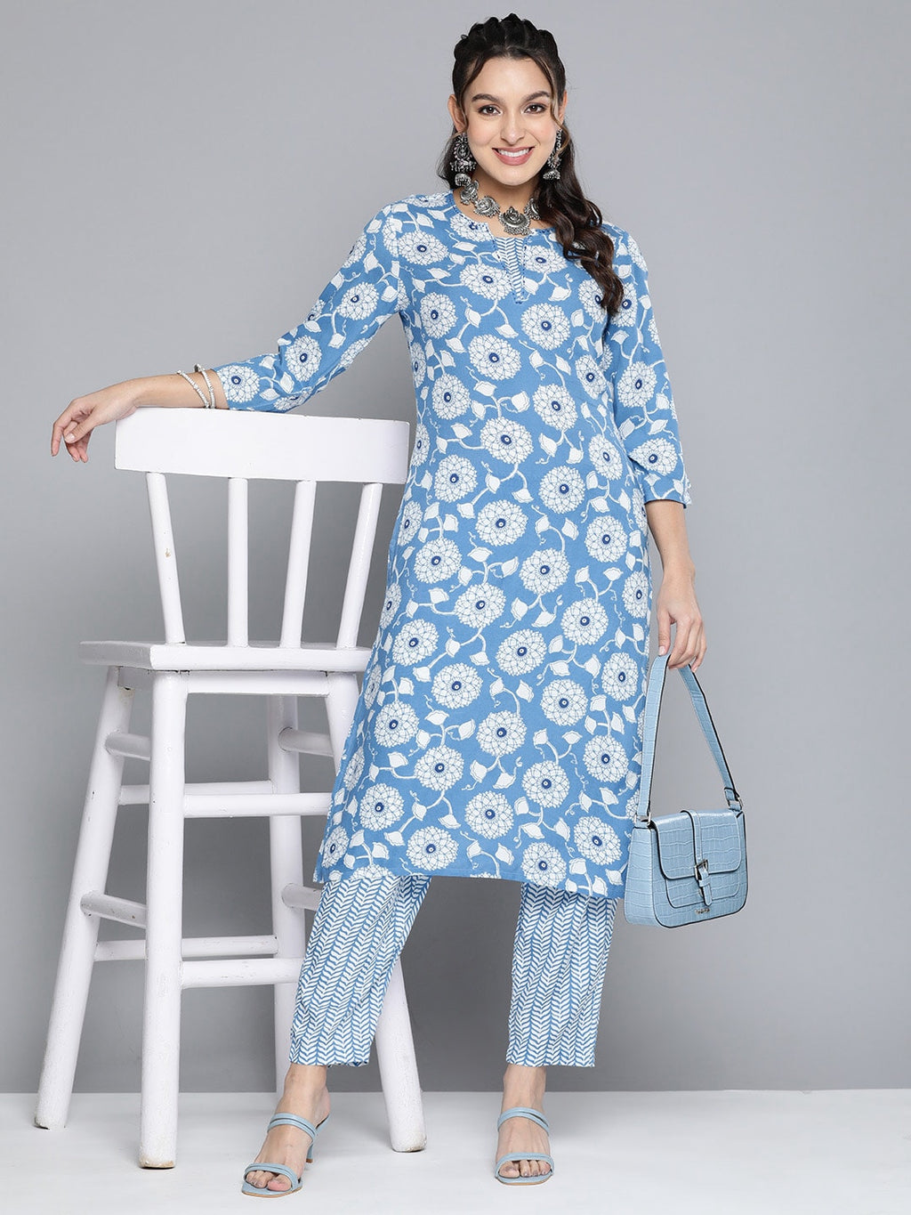 HERE&NOW Women Ethnic Motifs Printed Kantha Work Kurta With Trousers | Grocsy