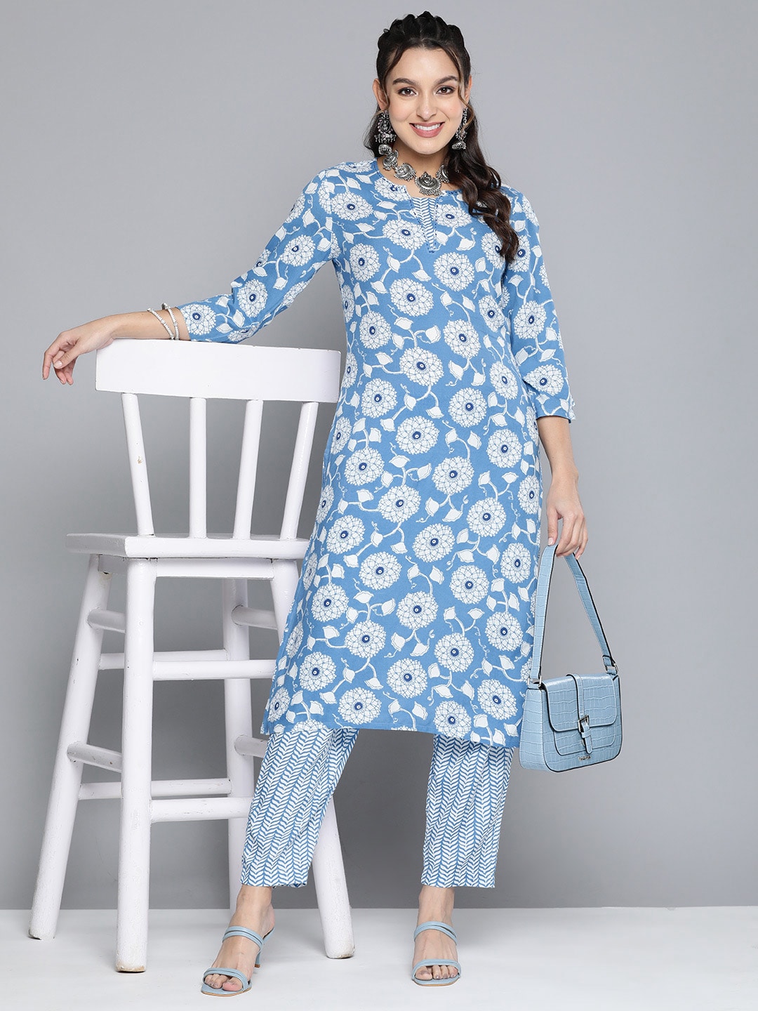 HERE&NOW Women Ethnic Motifs Printed Kantha Work Kurta With Trousers | Grocsy
