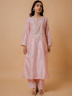 HOUSE OF KARI Floral Embroidered Silk Chikankari Kurta | Grocsy