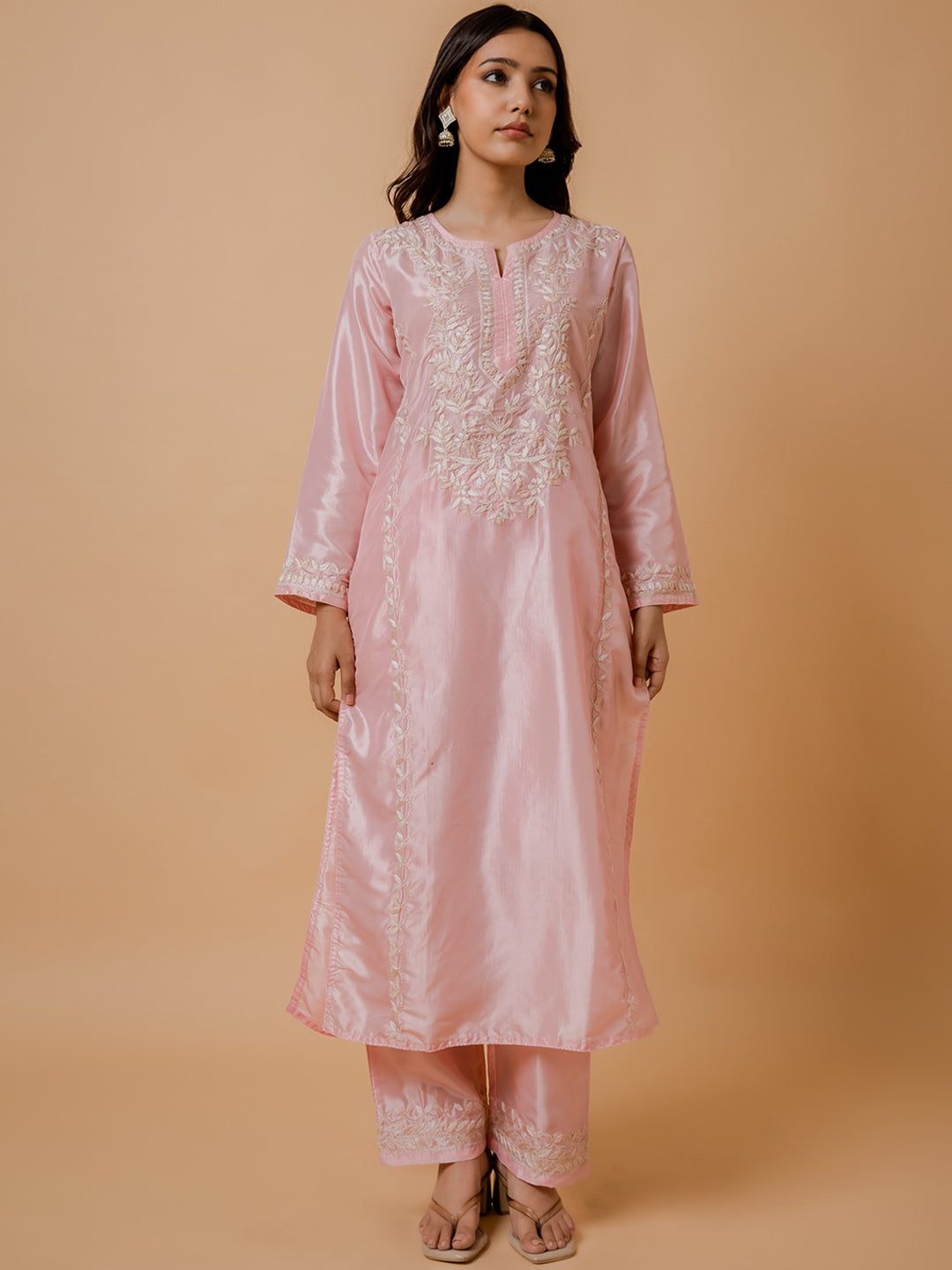 HOUSE OF KARI Floral Embroidered Silk Chikankari Kurta | Grocsy