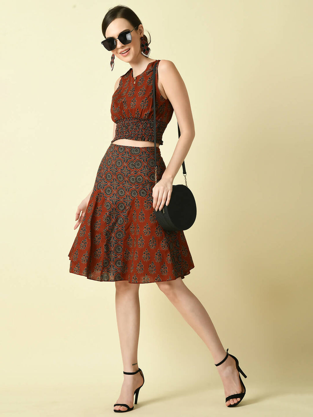 Myshka Women's Rust Ethnic Motifs Printed Top | Grocsy