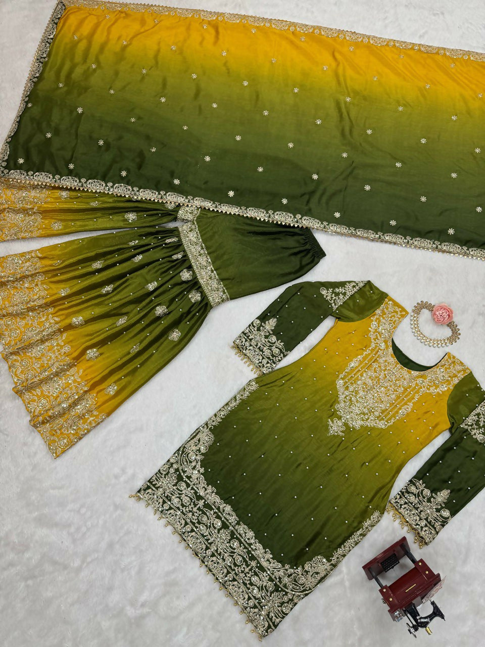The52 Women's Beautiful Chinon silk Fabric Embroidery Work Straight Kurta Palazzo and Dupatta Set | Grocsy