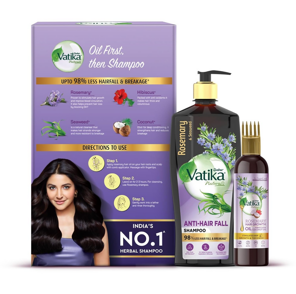 Dabur Vatika Rosemary Anti-Hair Fall Shampoo + Rosemary Hair Growth Oil Combo | Grocsy