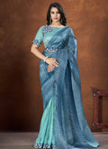 Blue Banarsi Crush Silk Embroidered Saree with stitched Blouse - Mohmanthan Saha Saki | Grocsy