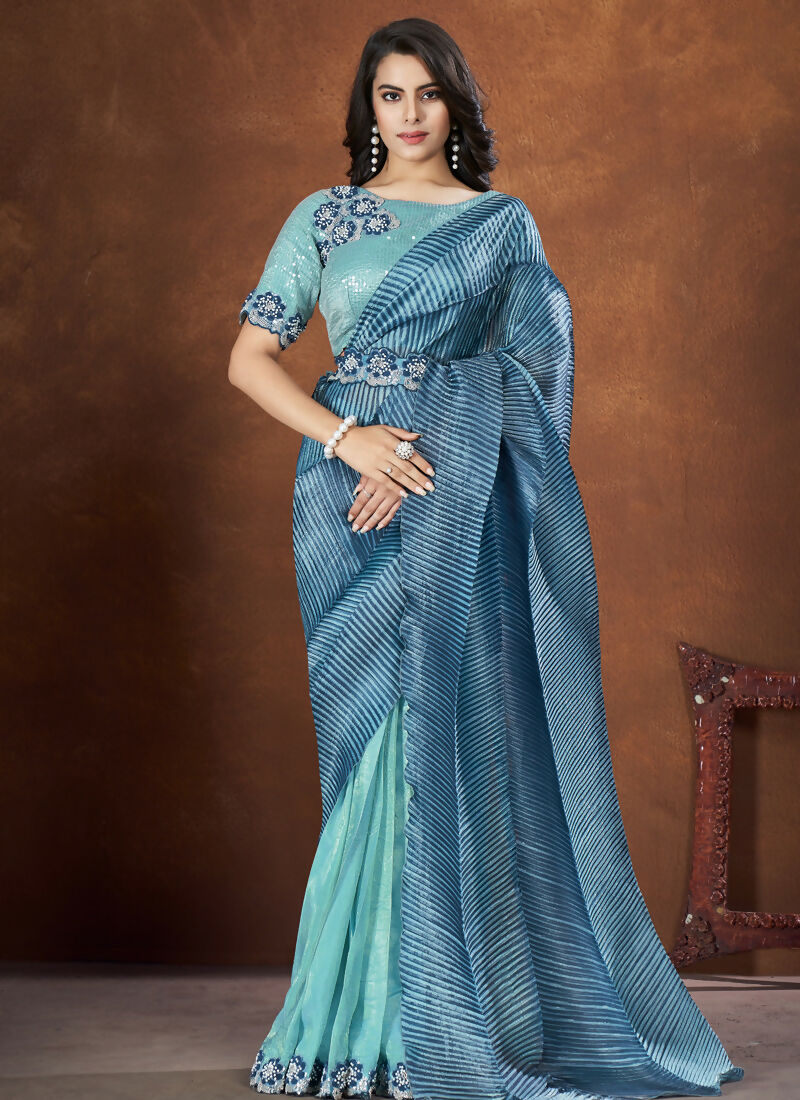 Blue Banarsi Crush Silk Embroidered Saree with stitched Blouse - Mohmanthan Saha Saki | Grocsy