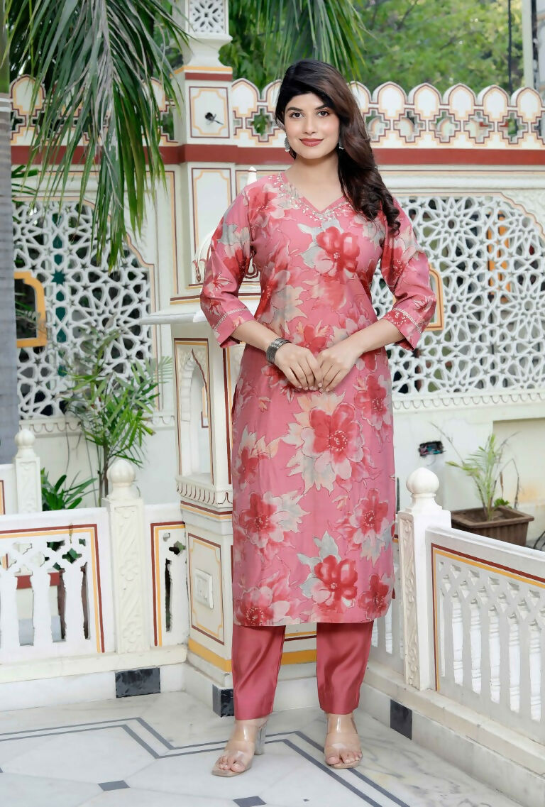 Miravan Women's Muslin Pink V-Neck Embroidered Kurta with Palazzo and Dupatta | Grocsy