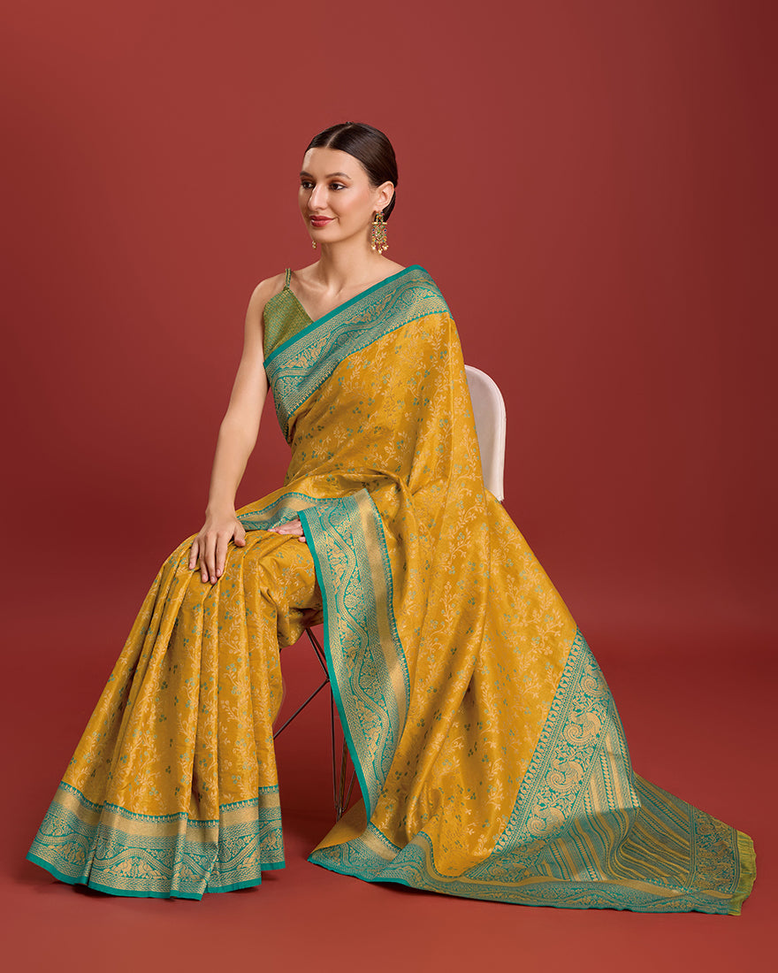 Monjolika Fashion Glamour And Tradition With This Mustard Color Zari Woven Banarasi Tissue Silk Saree | Grocsy