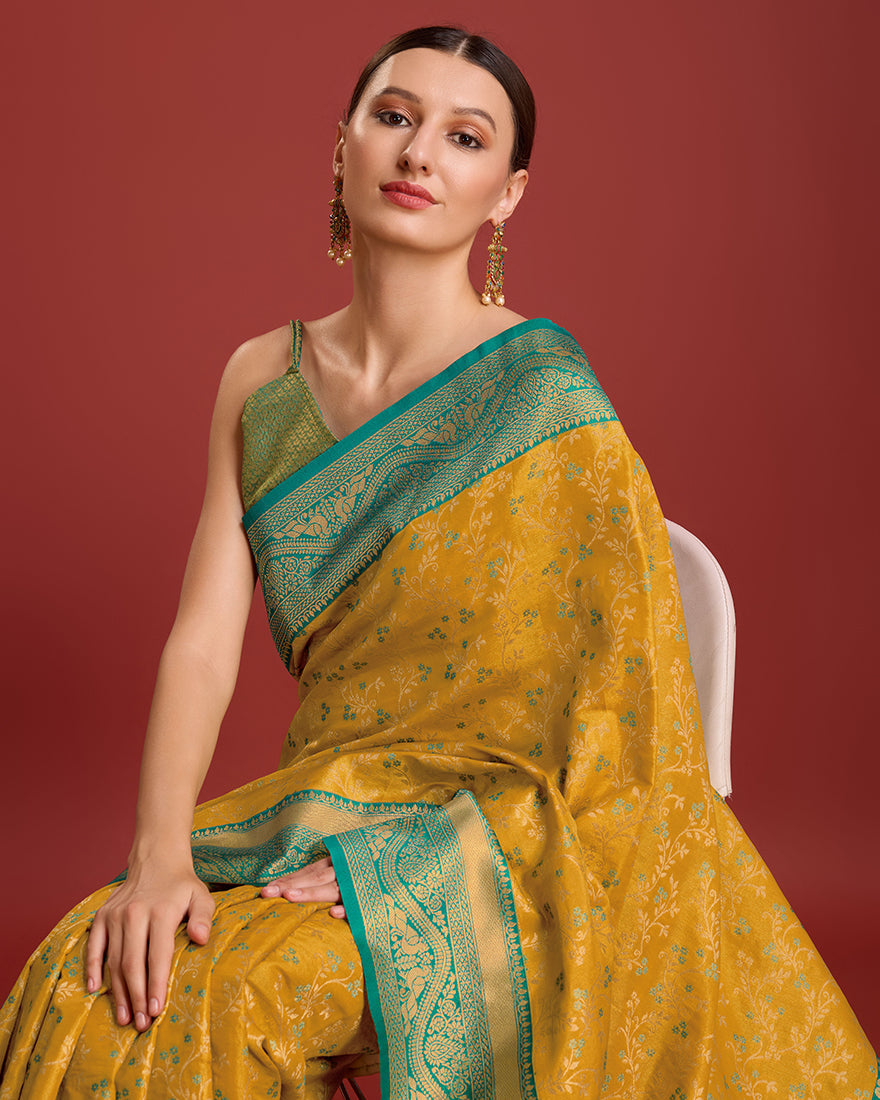 Monjolika Fashion Glamour And Tradition With This Mustard Color Zari Woven Banarasi Tissue Silk Saree | Grocsy