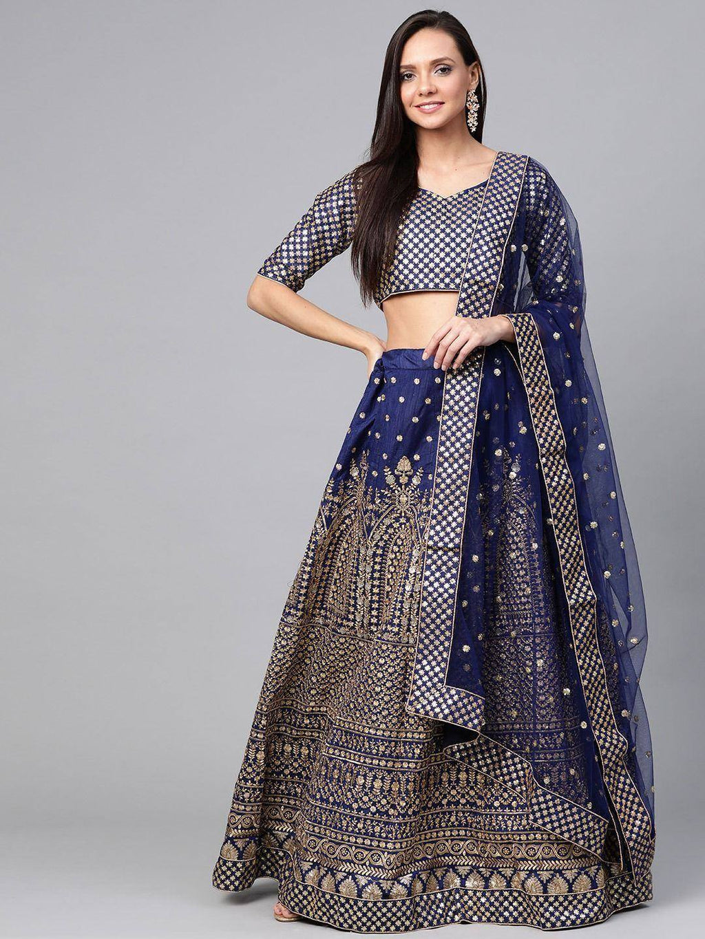 Tulsi Art Navy Blue Embroidered Semi-Stitched Myntra Lehenga & Unstitched Blouse With Dupatta | Grocsy