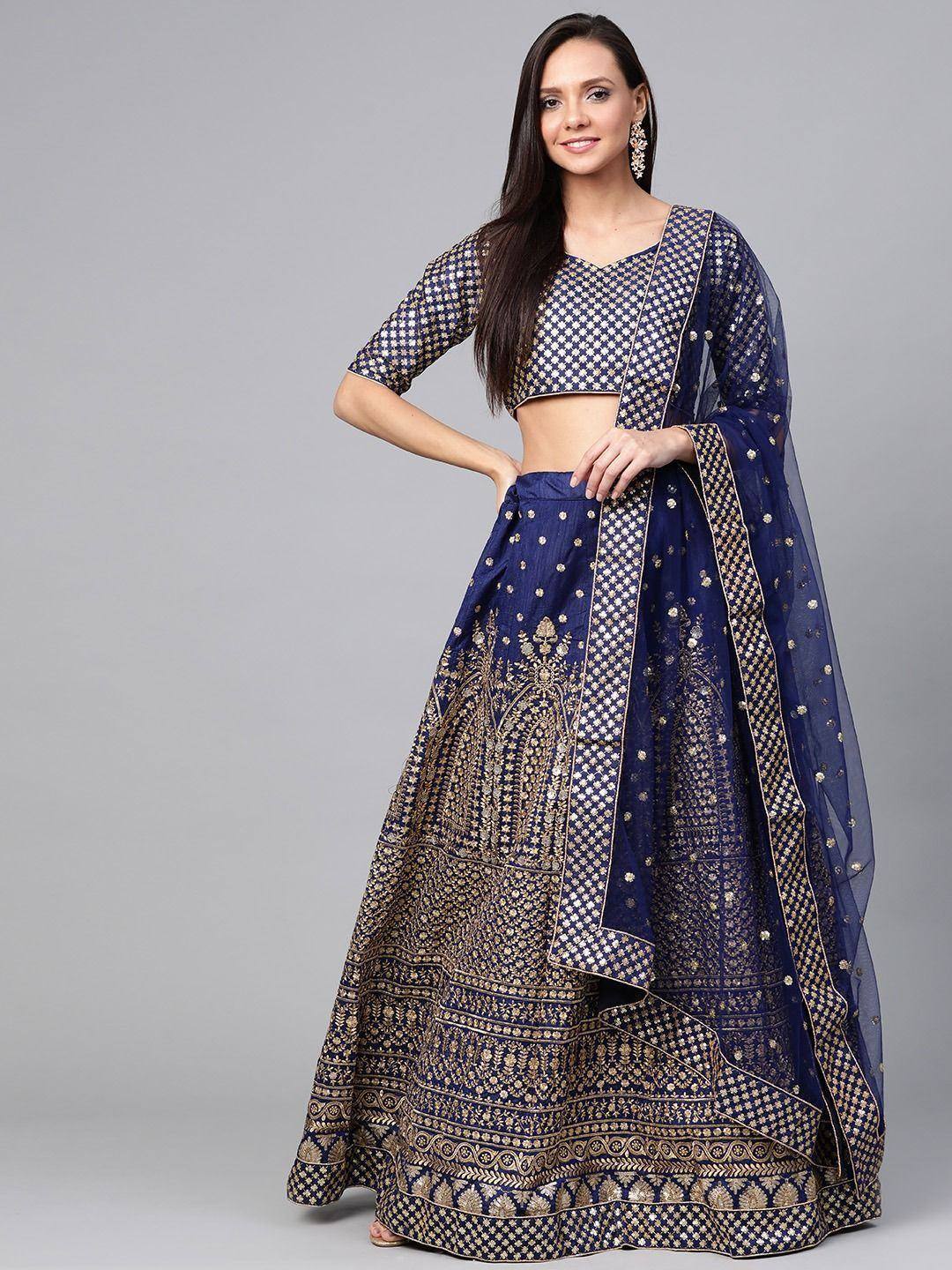 Tulsi Art Navy Blue Embroidered Semi-Stitched Myntra Lehenga & Unstitched Blouse With Dupatta | Grocsy