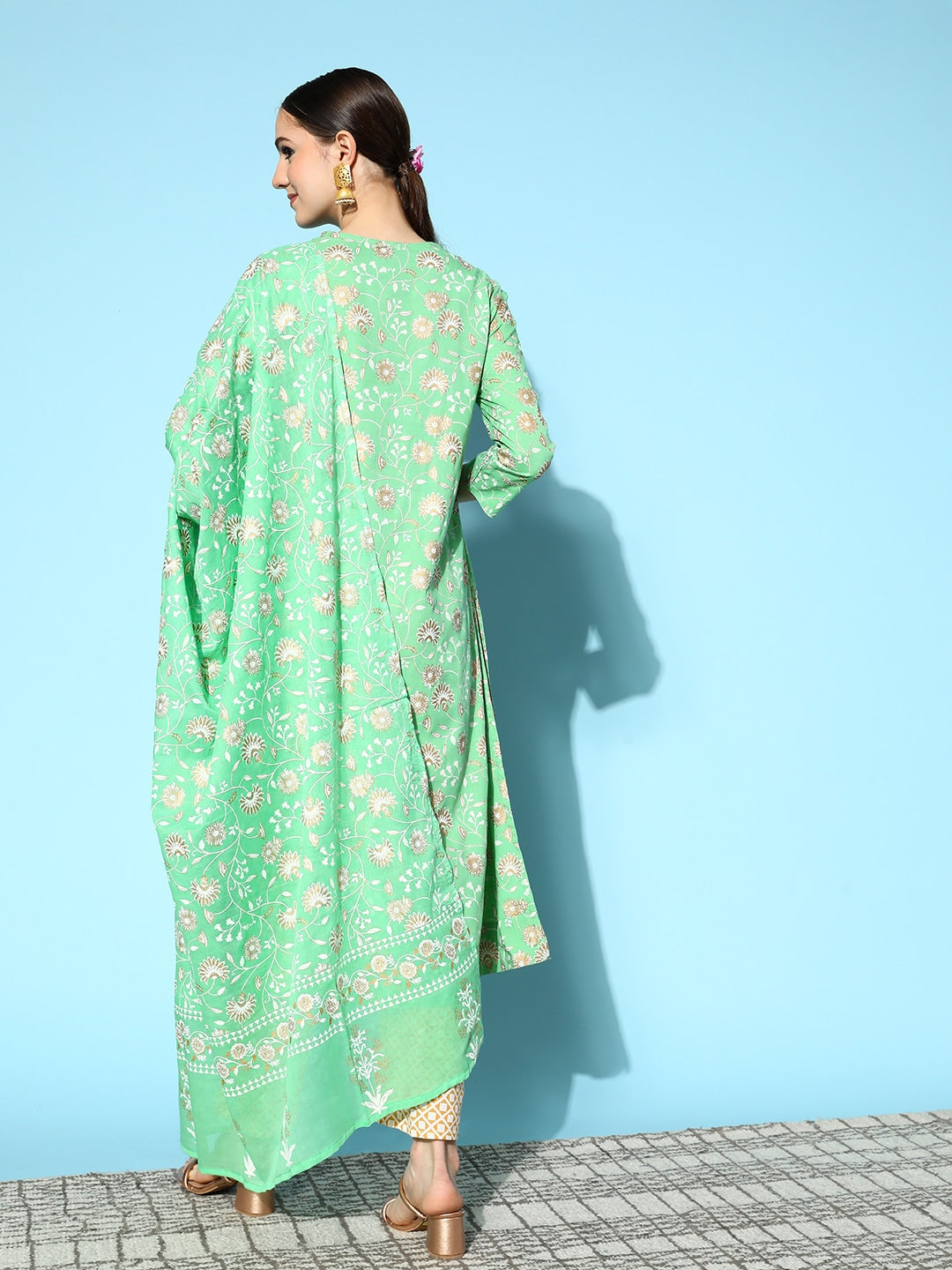 HERE&NOW Women Ethnic Motifs Printed Thread Work Kurta with Trousers & Dupatta | Grocsy