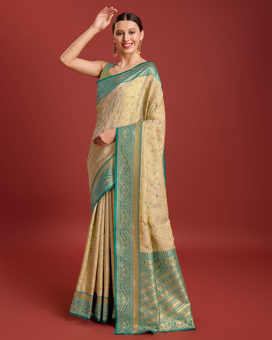 Monjolika Fashion Glamour And Tradition With This Beige Color Zari Woven Banarasi Tissue Silk Saree | Grocsy
