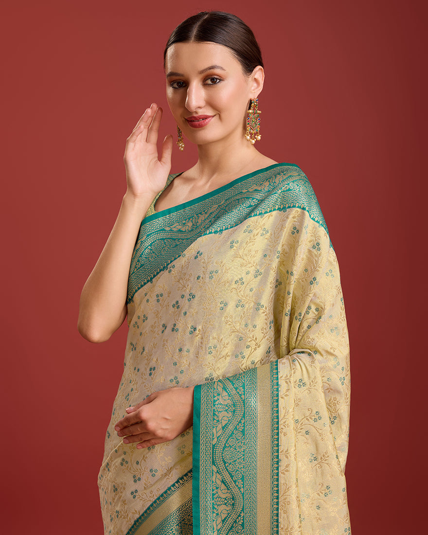 Monjolika Fashion Glamour And Tradition With This Beige Color Zari Woven Banarasi Tissue Silk Saree | Grocsy
