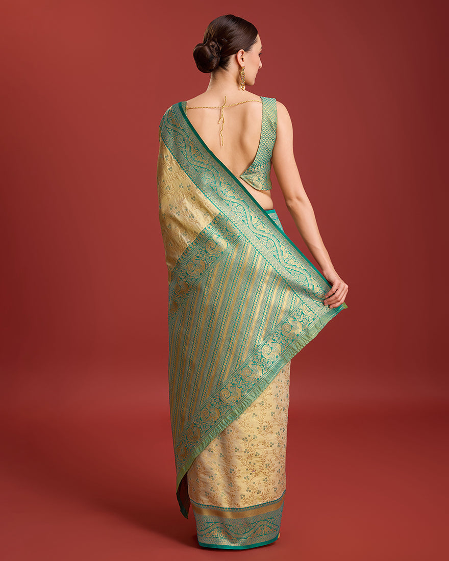 Monjolika Fashion Glamour And Tradition With This Beige Color Zari Woven Banarasi Tissue Silk Saree | Grocsy