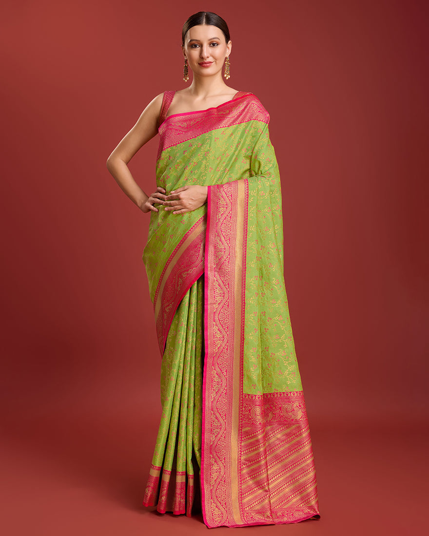 Monjolika Fashion Glamour And Tradition With This Parrot Green Color Zari Woven Banarasi Tissue Silk Saree | Grocsy