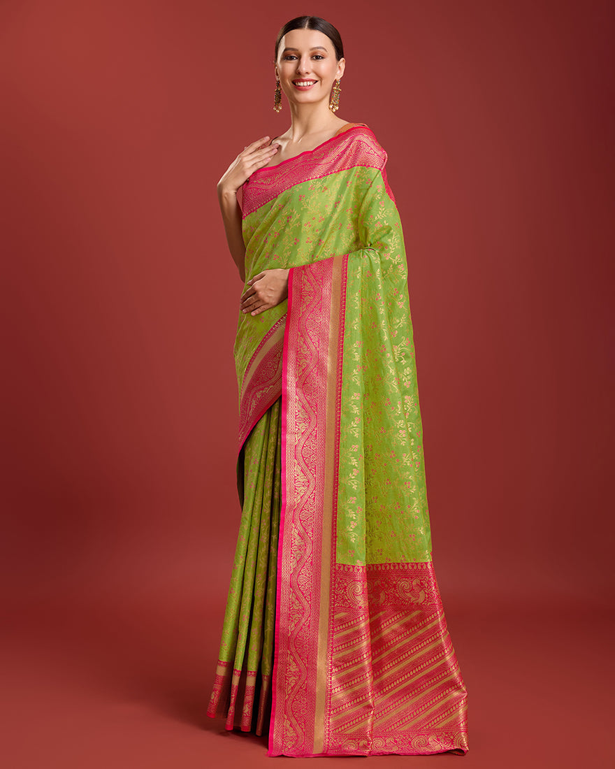 Monjolika Fashion Glamour And Tradition With This Parrot Green Color Zari Woven Banarasi Tissue Silk Saree | Grocsy