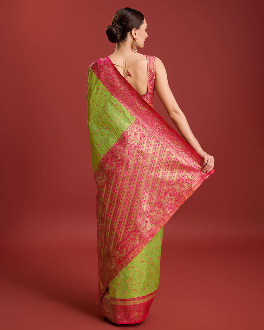 Monjolika Fashion Glamour And Tradition With This Parrot Green Color Zari Woven Banarasi Tissue Silk Saree | Grocsy